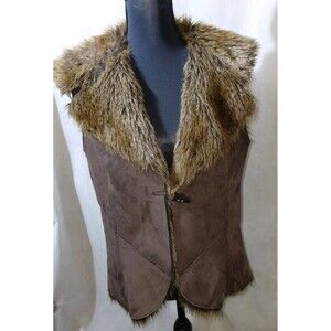 Fever Suede Faux Fur Vest Womens Medium Chocolate Brown Sleeveless Western Y2K